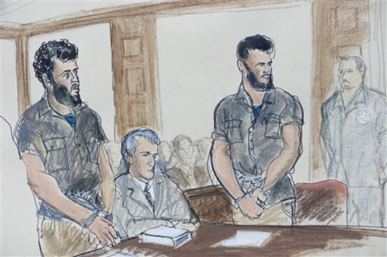 This courtroom sketch shows, from left, Mohamed Mahmood Alessa, public defender Chester Keller, and Carlos Eduardo Almonte on Monday in federal court in Newark, N.J., on Monday.